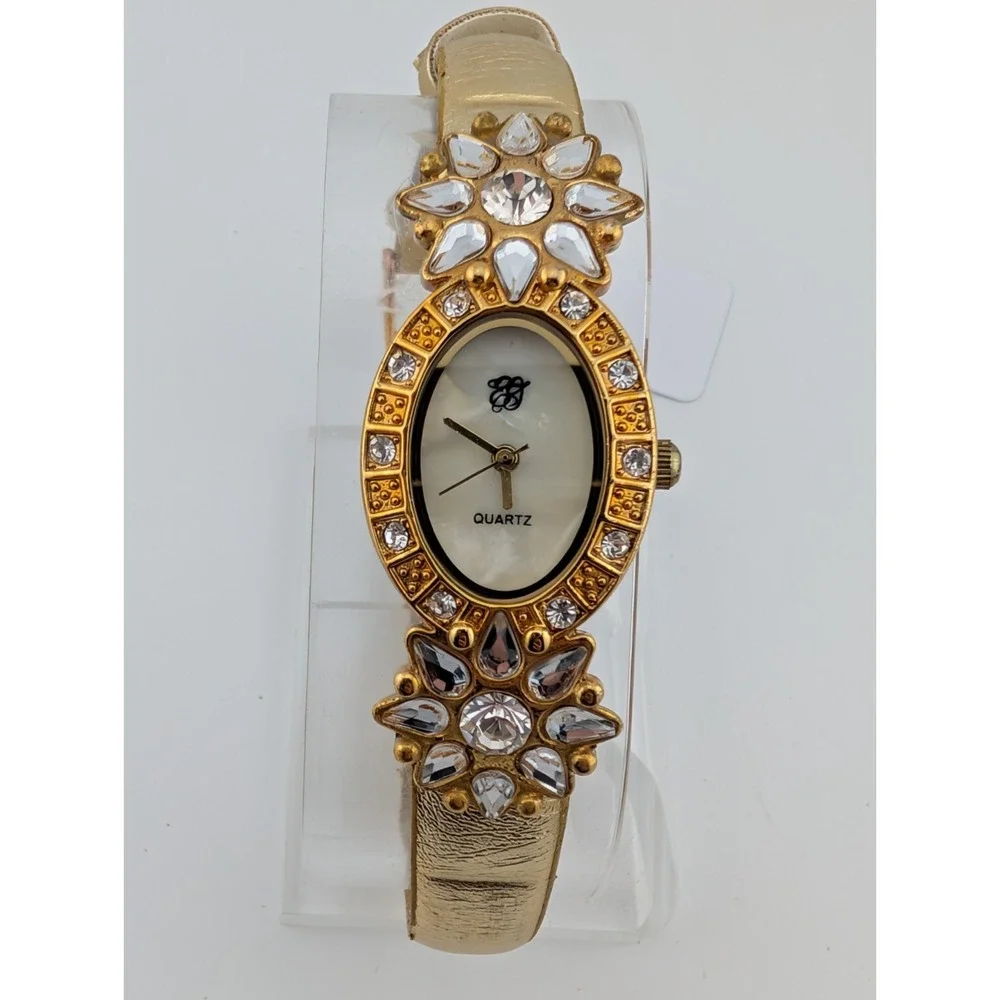 Elizabeth Taylor Rhinestone Watch Women 20mm Case Gold‎ Band- New Battery